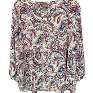 Chico's Top NWT Size 4 (2X) Americana Paisley Artsy 3/4 Sleeves Notch Neck